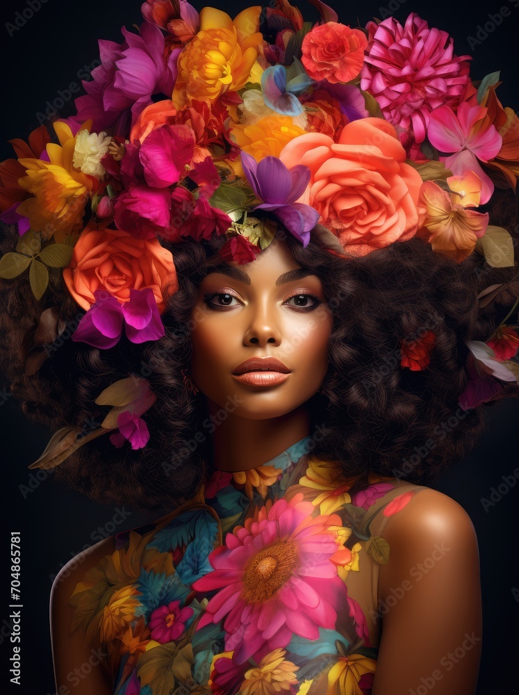 African American women with colorful flower crowns. Generative AI