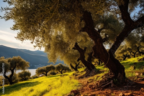A beautiful grove of olive trees perched on a hill, offering a breathtaking view of the water below, A picturesque olive grove under the Mediterranean sun, AI Generated