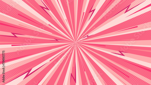 Pink pop art retro background with rays, halftone and motion trails. Sunburst background. Vintage pink comic style wallpaper.