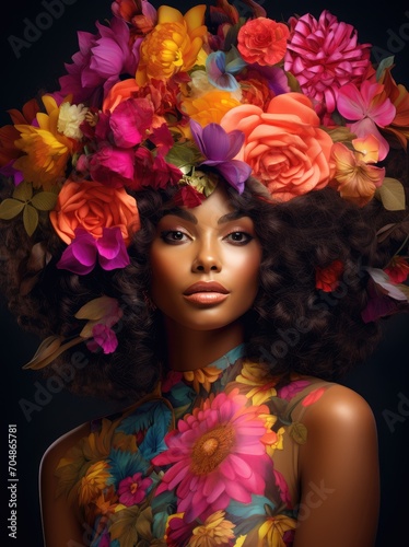 African American women with colorful flower crowns. Generative AI © Gelpi