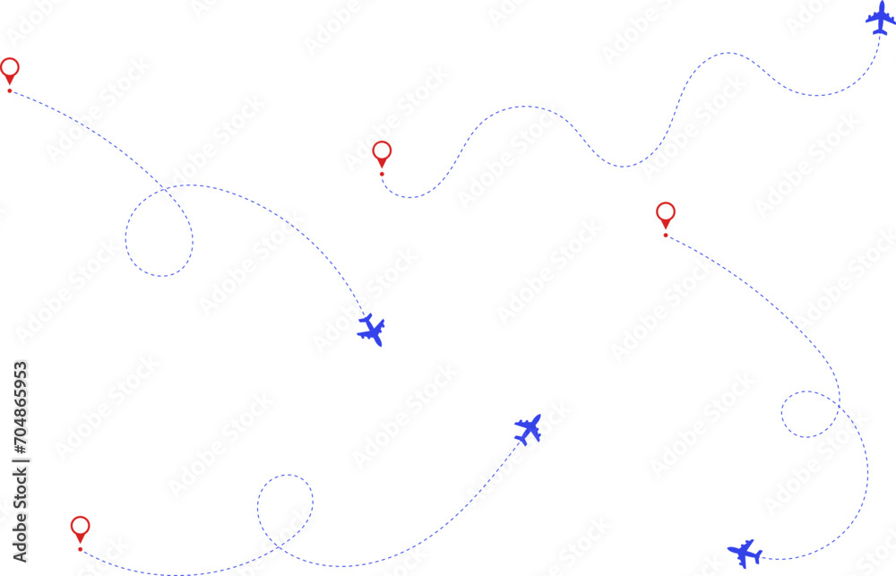 Airplane route. Route icon - two points with dotted path and location pin. Route location icon two pin sign and dotted line. Travel vector icon. Airplane route. Route icon - two points with dotted path and location pin. Route location icon two pin sign and dotted line. Travel vector icon.
