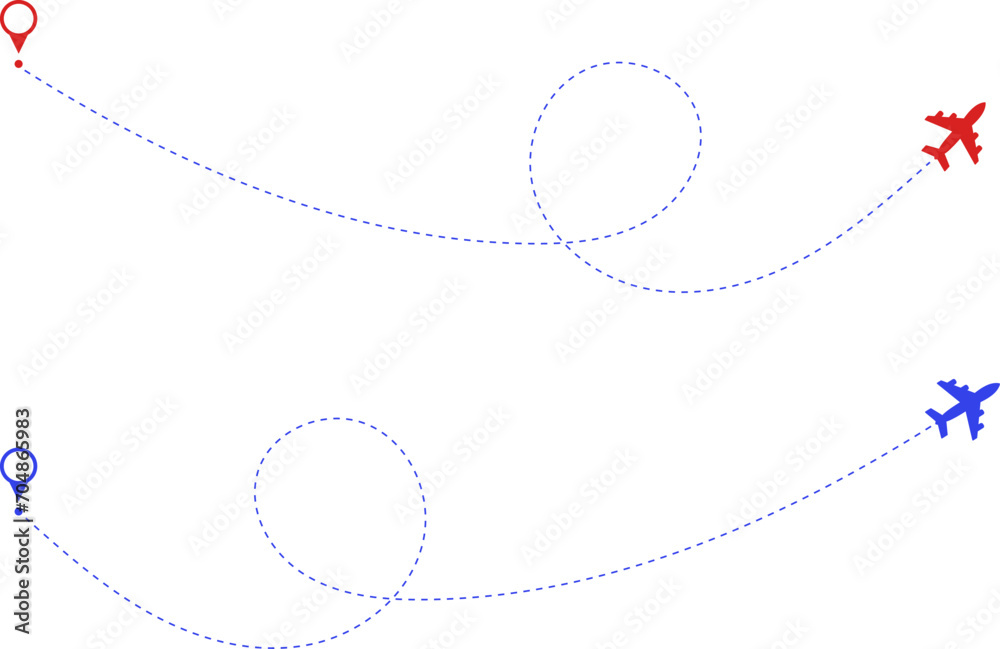 Airplane route. Route icon - two points with dotted path and location pin. Route location icon two pin sign and dotted line. Travel vector icon.