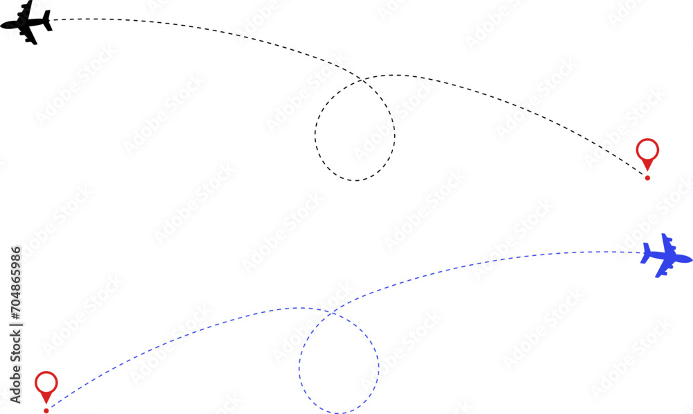 Airplane route. Route icon - two points with dotted path and location pin. Route location icon two pin sign and dotted line. Travel vector icon.