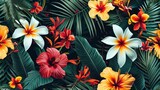  a close up of a bunch of flowers on a leafy surface with palm leaves and flowers in the background.