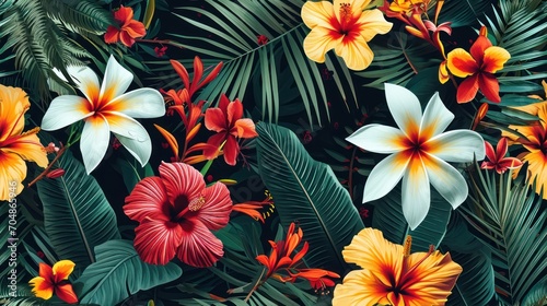  a close up of a bunch of flowers on a leafy surface with palm leaves and flowers in the background.