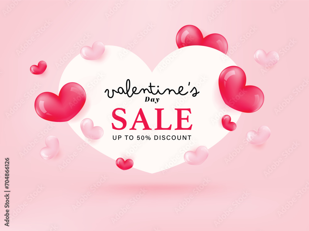3d gift box and heart frame paper cut on pink background. Valentine's day greeting promotion sale discount offer.