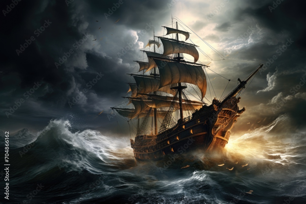 A brave pirate ship braves crashing waves in a fierce storm on the open sea, A pirate ship sailing in rough seas with a storm brewing in the background, AI Generated