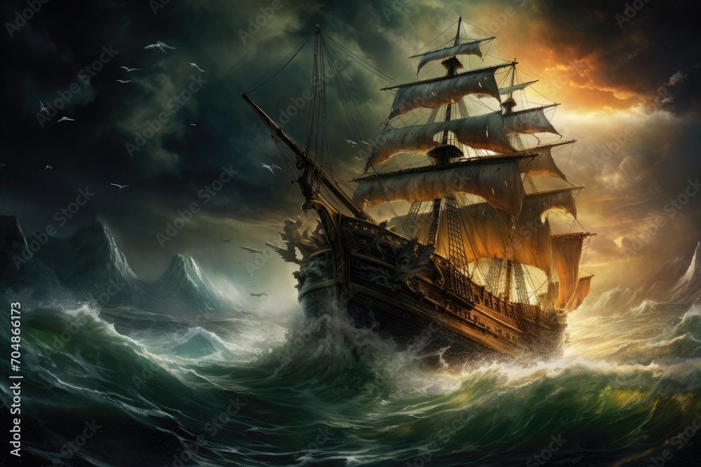 Vibrant painting depicting a pirate ship navigating treacherous waves during a tempestuous storm, A pirate ship sailing in rough seas with a storm brewing in the background, AI Generated