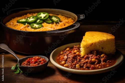 A delicious plate of chili and cornbread accompanied by a pot of hot and flavorful chili, A piping hot pot of chili with a side of cornbread, AI Generated photo