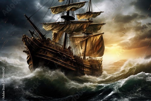 Pirate Ship Painting in Stormy Sea, A Captivating Maritime Artwork Depicting the Perilous Journey, A pirate ship sailing in rough seas with a storm brewing in the background, AI Generated
