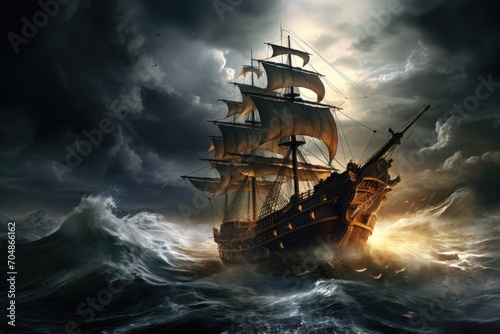 A brave pirate ship braves crashing waves in a fierce storm on the open sea, A pirate ship sailing in rough seas with a storm brewing in the background, AI Generated