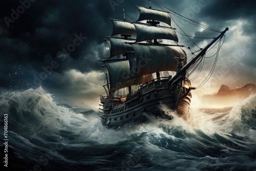 A ship struggles to navigate through turbulent waters during a fierce storm, A pirate ship sailing in rough seas with a storm brewing in the background, AI Generated
