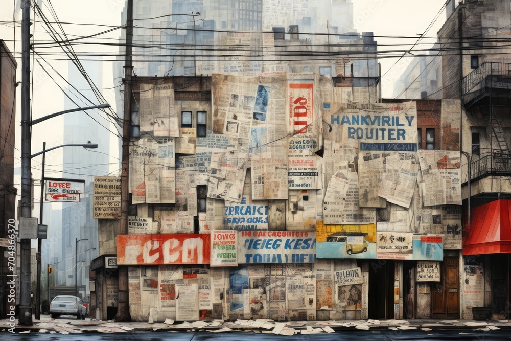 A city street scene showcasing a building entirely covered in newspapers, A poignant symbolism of newspaper headlines throughout a city, AI Generated