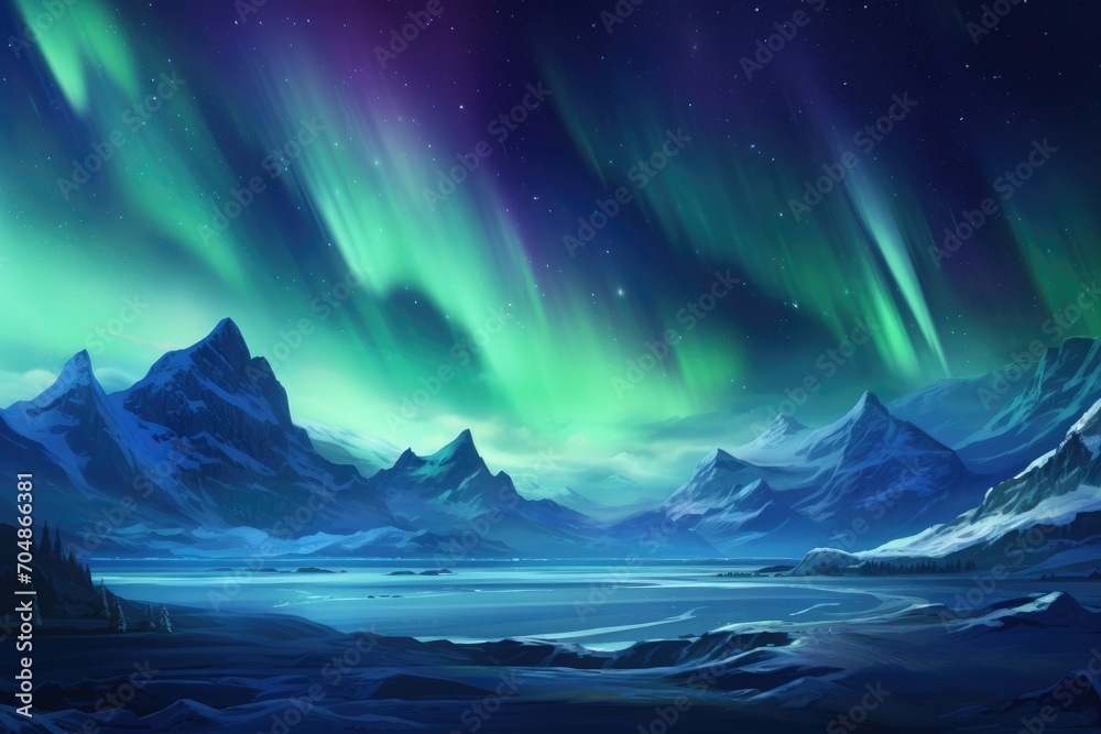 A stunning painting depicting the night sky adorned with vivid green and purple lights, A polar landscape showing gleaming icy glaciers under the Northern lights, AI Generated