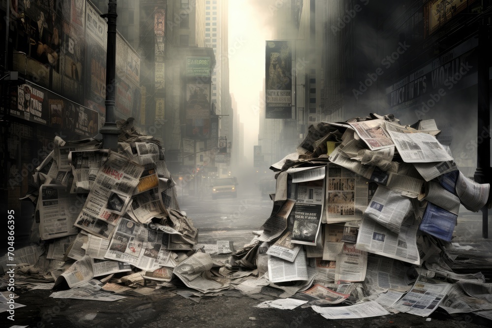 A cluttered pile of newspapers is seen sitting on a street, creating an obstruction, A poignant symbolism of newspaper headlines throughout a city, AI Generated