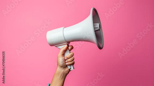 White Megaphone in woman hands isolated on a pink background generated by ai 