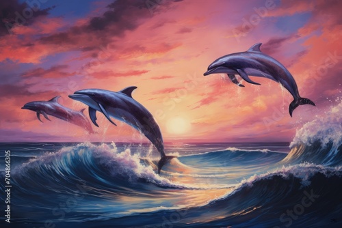 A stunning painting capturing three dolphins as they gracefully leap out of the water, A pod of dolphins joyfully leaping over ocean waves under the twilight sky, AI Generated © Iftikhar alam