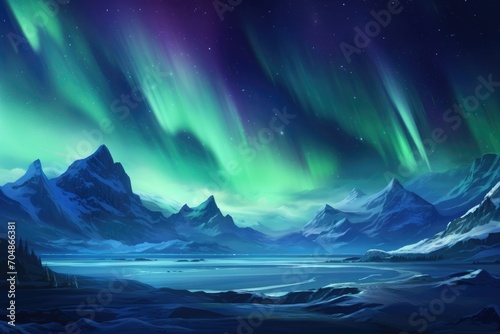 A stunning painting depicting the night sky adorned with vivid green and purple lights, A polar landscape showing gleaming icy glaciers under the Northern lights, AI Generated