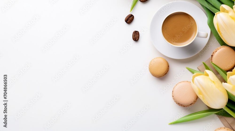 Top view cup of coffee, yellow tulips, macarons Top view cup of coffee, yellow tulips, macarons