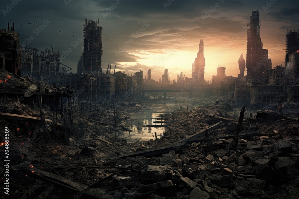 Devastated City With Ruin and Debris After Cataclysmic Event, A post-apocalyptic cityscape with crumbling buildings, AI Generated