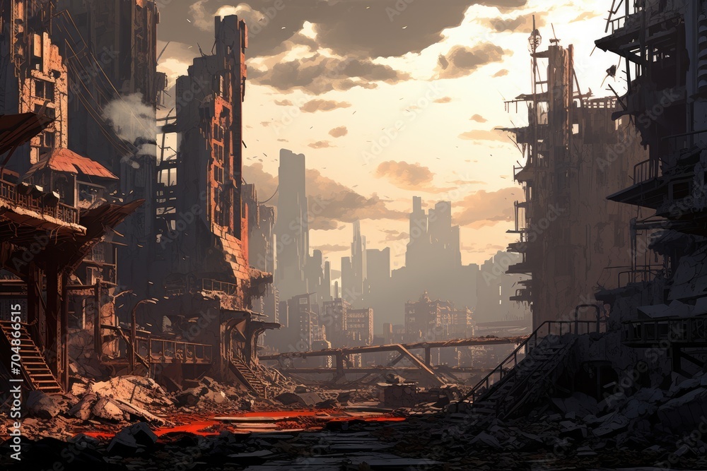 A city in ruins with collapsed buildings and debris scattered throughout, A post-apocalyptic cityscape with crumbling buildings, AI Generated