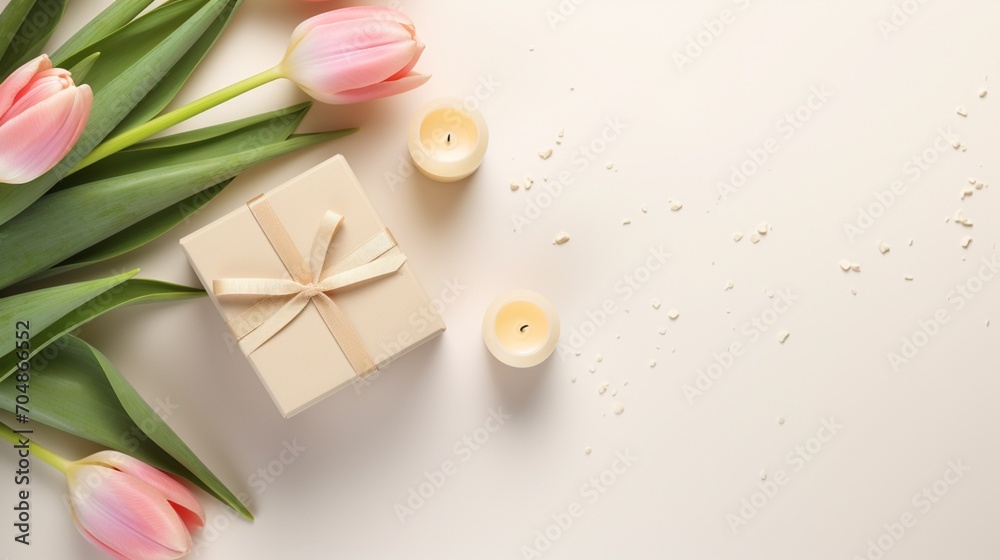 Banner with tulips and candle on isolated white background Banner with tulips and candle on isolated white background
