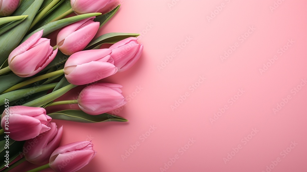 Top view pink tulips on isolated white background. Mother's day concept