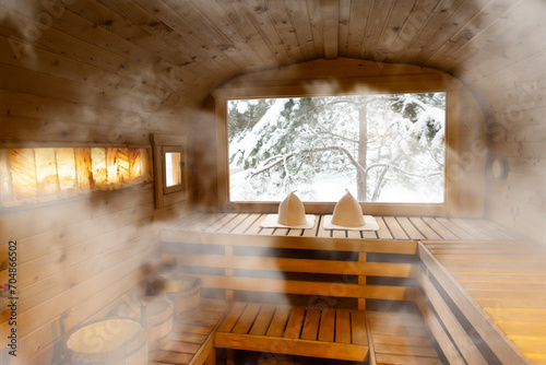 Finnish sauna interior made of wood for relaxation	