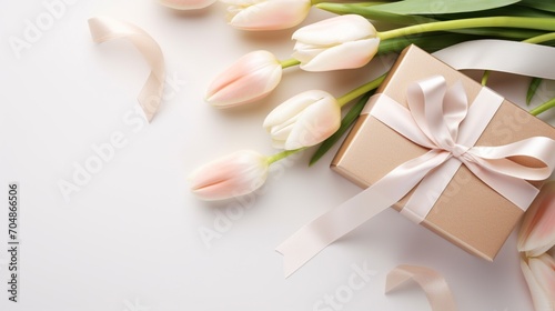 Banner with gift box and spring flowers on isolated white background