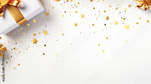 Gift box and stars confetti on isolated white background