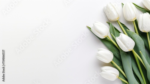 Top view white tulips on isolated white background. Mother s day concept
