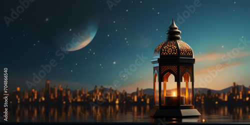 Ornamental Arabic lanterns with burning candle glowing on city night background. space for text