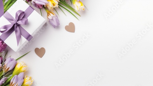 Banner with gift box and spring flowers on isolated white background