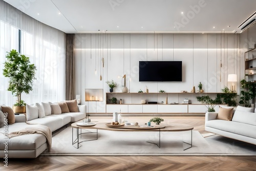 White sofa and tv unit in spacious room. Luxury home interior design of modern living room, panorama.