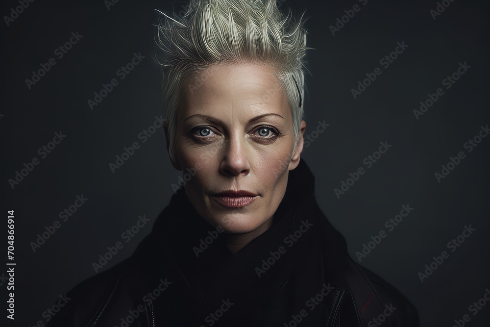 Portrait of a middle aged woman with blond hair in a black leather jacket. Portrait of a middle aged woman with blond hair in a black leather jacket.