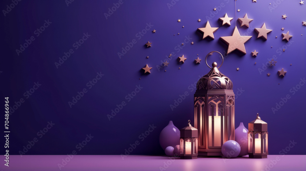 Ornamental Arabic lanterns with burning candle glowing on violet background. space for text Ornamental Arabic lanterns with burning candle glowing on violet background. space for text