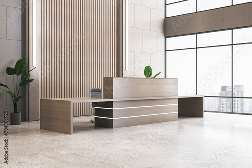 Bright office interior with reception desk, furniture, decor plants, wooden and concrete floors and walls, window with city view and daylight. 3D Rendering.