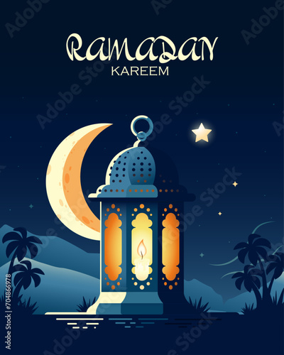 Lantern with a candle in the desert  with the moon  stars  and greetings Ramadan Kareem