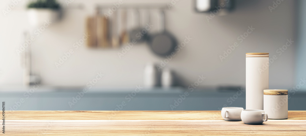Sleek kitchen setup with wooden surface for product showcasing. Clean design theme. 3D Rendering Sleek kitchen setup with wooden surface for product showcasing. Clean design theme. 3D Rendering