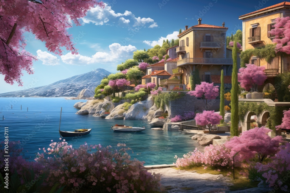 Serene Painting of a Lake With a Boat Floating, A postcard-style scene of a luscweet little Mediterranean village by the sea, AI Generated - obrazy, fototapety, plakaty 