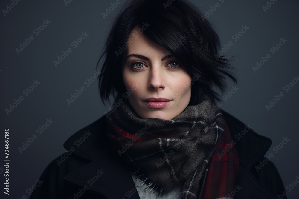 Portrait of a beautiful woman in winter coat and scarf. Studio shot. Portrait of a beautiful woman in winter coat and scarf. Studio shot.