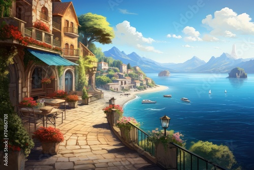 A stunning painting capturing the beauty of a scenic ocean view, displaying a serene coastal landscape, A postcard-style scene of a luscweet little Mediterranean village by the sea, AI Generated