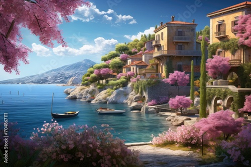 Serene Painting of a Lake With a Boat Floating, A postcard-style scene of a luscweet little Mediterranean village by the sea, AI Generated photo