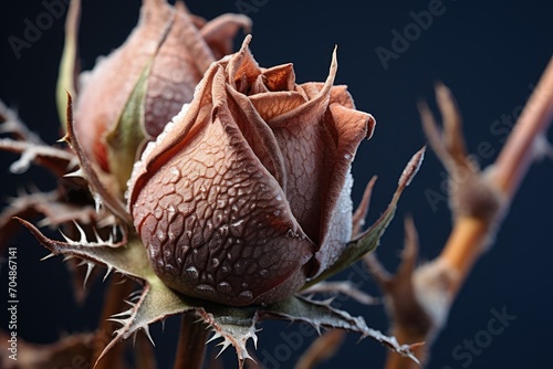 This striking image reveals the intricate beauty of a flower on its stem, portraying its vibrant colors and delicate features, A prickly and rough texture of a rose stem, AI Generated