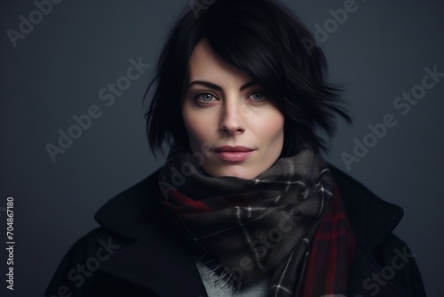 Portrait of a beautiful woman in winter coat and scarf. Studio shot.
