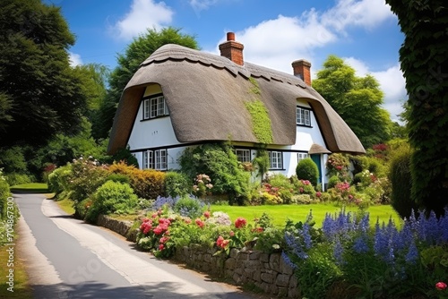 A charming house with a traditional thatched roof, nestled amidst a vibrant display of flowers, A quaint countryside cottage with a thatched roof, AI Generated