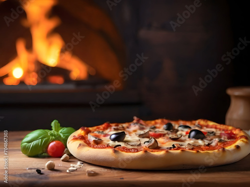 pizza with mushrooms and tomatoes ,pizza with salami and tomatoes , pizza with salami , pizza on wooden board