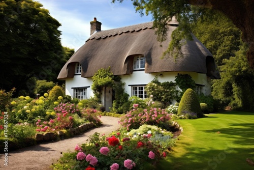 A picturesque house with a thatched roof, complemented by vibrant flowers, nestled in a serene environment, A quaint countryside cottage with a thatched roof, AI Generated