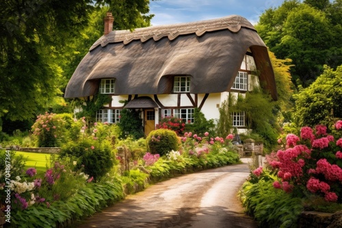 A picturesque house with a thatched roof nestled amidst a vibrant garden filled with colorful flowers, A quaint countryside cottage with a thatched roof, AI Generated