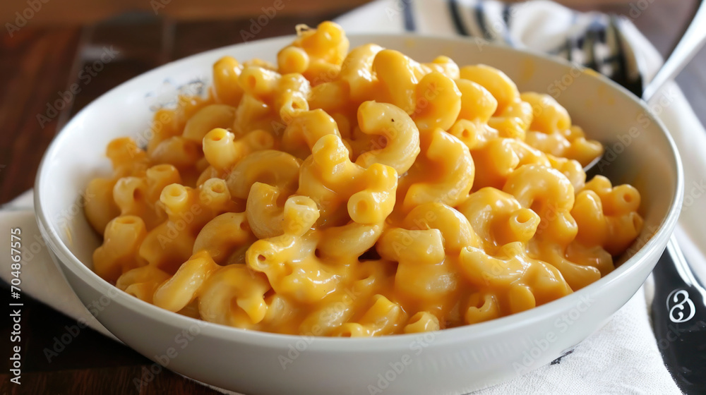 a close up of a bowl of macaroni and cheese with a spoon on a napkin on a table. a close up of a bowl of macaroni and cheese with a spoon on a napkin on a table.